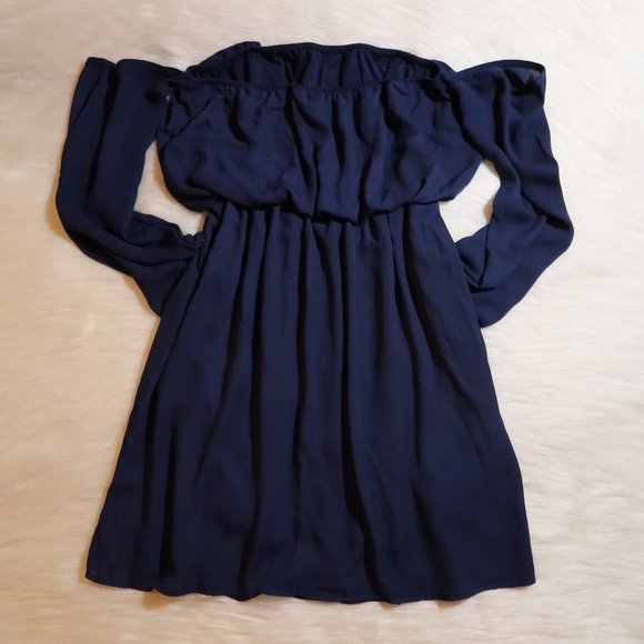 SOLD—- Blue Strapless Long Sleeve Dress - Picture 3 of 5